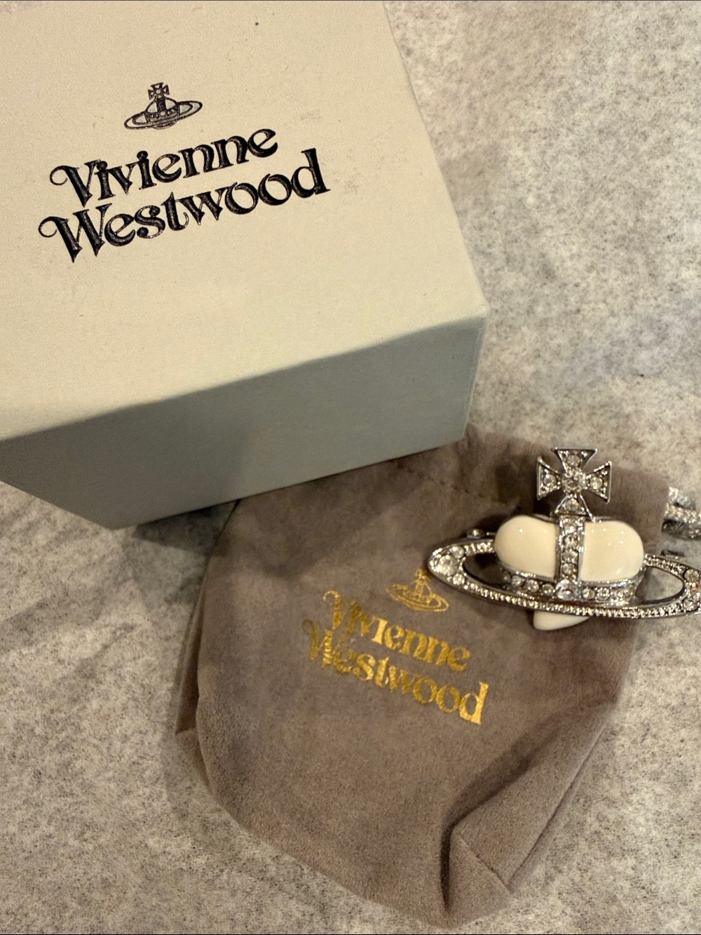 Vivienne Westwood Silver Orb Brooch with Cream Enamel Heart and Crystals